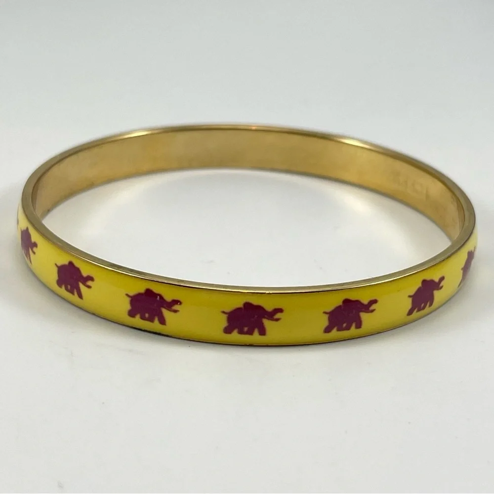 J. Crew Yellow Enamel Bangle Bracelet Lucky Elephant Gold Tone Boho Classic